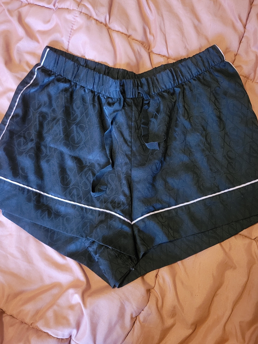 Black Satin Pajama Set with White Piping - Picture 3 of 4
